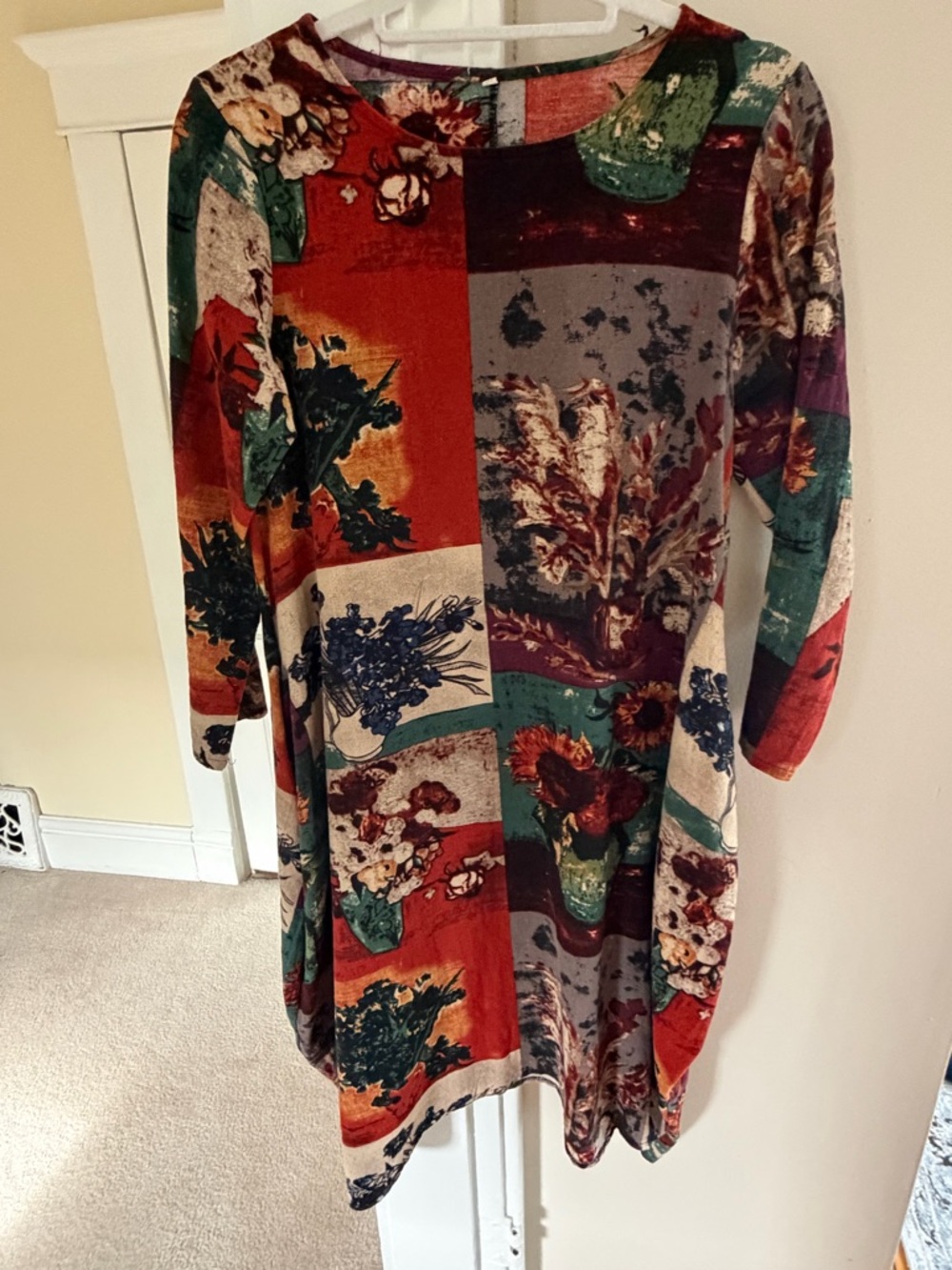 Van Gogh Inspired Floral Cotton Dress with Wide Hip and Pockets in